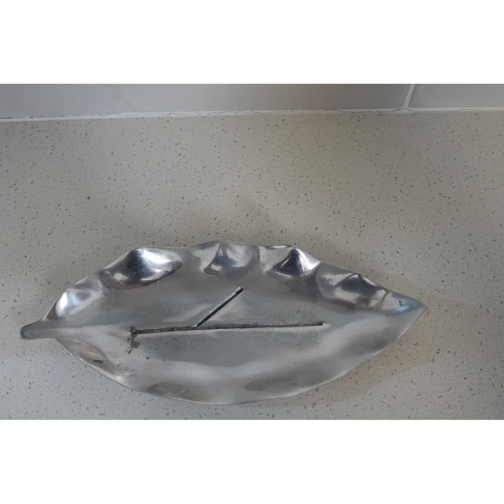 vintage trinket holder leaf shape pewter with patina 9 inches‎ long